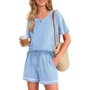 imageEkouaer Womens Waffle Knit Two Piece Lounge Set Soft Matching Outfits for Daily Wear Casual Shorts Set with PocketLight Blue