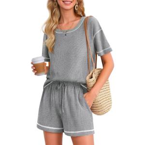 imageEkouaer Womens Waffle Knit Two Piece Lounge Set Soft Matching Outfits for Daily Wear Casual Shorts Set with PocketLight Gray