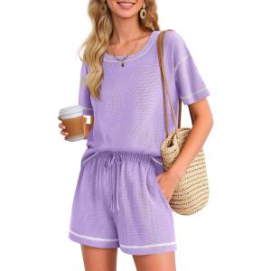 imageEkouaer Womens Waffle Knit Two Piece Lounge Set Soft Matching Outfits for Daily Wear Casual Shorts Set with PocketLilac