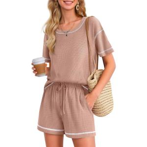 imageEkouaer Womens Waffle Knit Two Piece Lounge Set Soft Matching Outfits for Daily Wear Casual Shorts Set with PocketLotus Root Starch