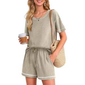 imageEkouaer Womens Waffle Knit Two Piece Lounge Set Soft Matching Outfits for Daily Wear Casual Shorts Set with PocketMoon Gray