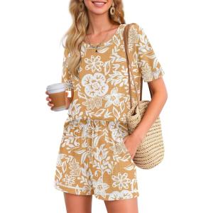 imageEkouaer Womens Waffle Knit Two Piece Lounge Set Soft Matching Outfits for Daily Wear Casual Shorts Set with PocketOrange Flowers