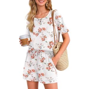 imageEkouaer Womens Waffle Knit Two Piece Lounge Set Soft Matching Outfits for Daily Wear Casual Shorts Set with PocketPink Flowers