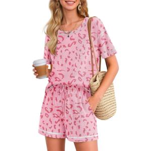 imageEkouaer Womens Waffle Knit Two Piece Lounge Set Soft Matching Outfits for Daily Wear Casual Shorts Set with PocketPink Leopard Print