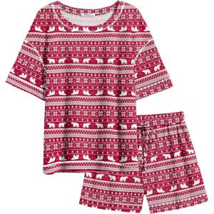 imageEkouaer Womens Waffle Knit Two Piece Lounge Set Soft Matching Outfits for Daily Wear Casual Shorts Set with PocketRed Elk