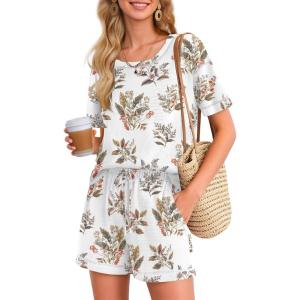 imageEkouaer Womens Waffle Knit Two Piece Lounge Set Soft Matching Outfits for Daily Wear Casual Shorts Set with PocketWhite Flowers