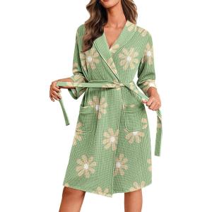 imageEkouaer Robes for Women Waffle Knit Bathrobe Lightweight Kimono Robe Knee Length Loungewear with PocketsFloral Green