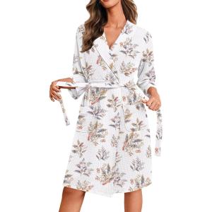 imageEkouaer Robes for Women Waffle Knit Bathrobe Lightweight Kimono Robe Knee Length Loungewear with PocketsFloral White