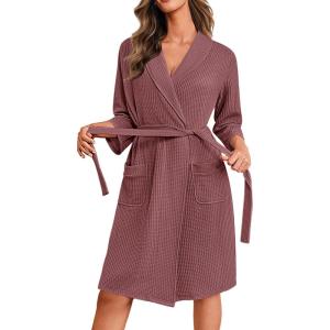 imageEkouaer Robes for Women Waffle Knit Bathrobe Lightweight Kimono Robe Knee Length Loungewear with PocketsGray Purple