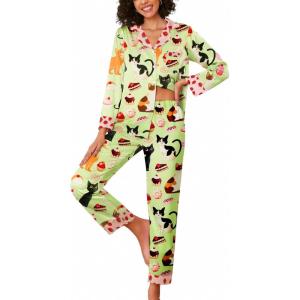 imageEkouaer Silk Pajamas for Women Long Sleeve Satin Pajama Set Striped Leopard Print Pj Sets Button Down Loungewear SleepwearAnimal Black Catcake and Strawberry