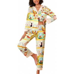 imageEkouaer Silk Pajamas for Women Long Sleeve Satin Pajama Set Striped Leopard Print Pj Sets Button Down Loungewear SleepwearAnimal Black Catlionchicken