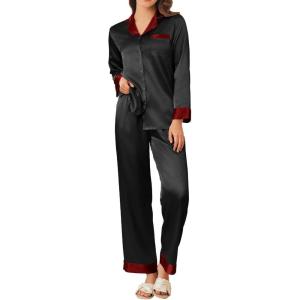imageEkouaer Silk Pajamas for Women Long Sleeve Satin Pajama Set Striped Leopard Print Pj Sets Button Down Loungewear SleepwearBlack