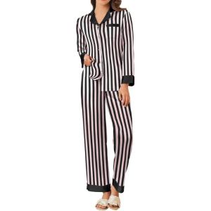 imageEkouaer Silk Pajamas for Women Long Sleeve Satin Pajama Set Striped Leopard Print Pj Sets Button Down Loungewear SleepwearBlack Pink Stripes