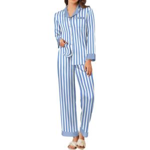 imageEkouaer Silk Pajamas for Women Long Sleeve Satin Pajama Set Striped Leopard Print Pj Sets Button Down Loungewear SleepwearBlue Stripes
