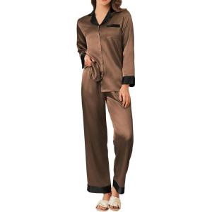 imageEkouaer Silk Pajamas for Women Long Sleeve Satin Pajama Set Striped Leopard Print Pj Sets Button Down Loungewear SleepwearBrown