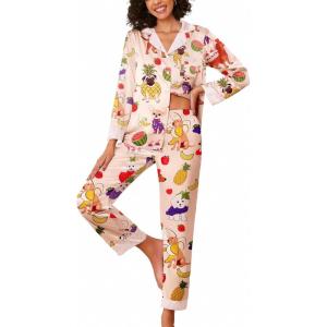 imageEkouaer Silk Pajamas for Women Long Sleeve Satin Pajama Set Striped Leopard Print Pj Sets Button Down Loungewear SleepwearChampagne Fruit and Puppy