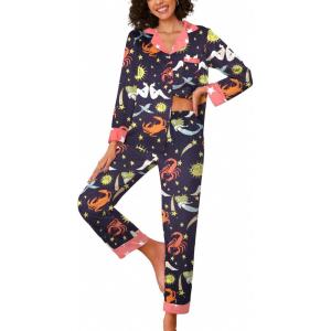 imageEkouaer Silk Pajamas for Women Long Sleeve Satin Pajama Set Striped Leopard Print Pj Sets Button Down Loungewear SleepwearConstellations and Mermaid
