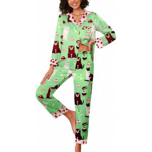 imageEkouaer Silk Pajamas for Women Long Sleeve Satin Pajama Set Striped Leopard Print Pj Sets Button Down Loungewear SleepwearCute Catsmartini and Cupcakes