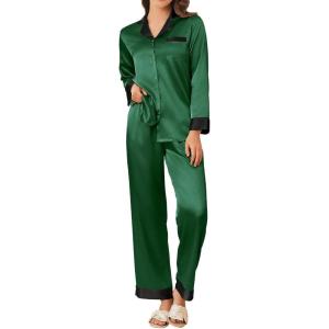 imageEkouaer Silk Pajamas for Women Long Sleeve Satin Pajama Set Striped Leopard Print Pj Sets Button Down Loungewear SleepwearDark Green
