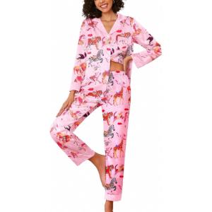 imageEkouaer Silk Pajamas for Women Long Sleeve Satin Pajama Set Striped Leopard Print Pj Sets Button Down Loungewear SleepwearFunny Animalstigerzebragiraffe