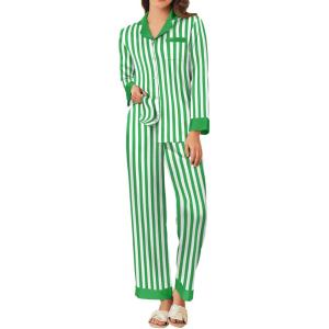 imageEkouaer Silk Pajamas for Women Long Sleeve Satin Pajama Set Striped Leopard Print Pj Sets Button Down Loungewear SleepwearGreen Stripes