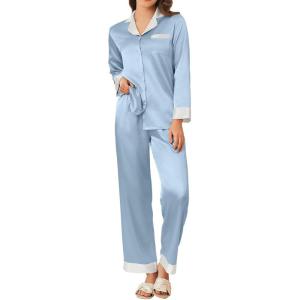 imageEkouaer Silk Pajamas for Women Long Sleeve Satin Pajama Set Striped Leopard Print Pj Sets Button Down Loungewear SleepwearLight Blue