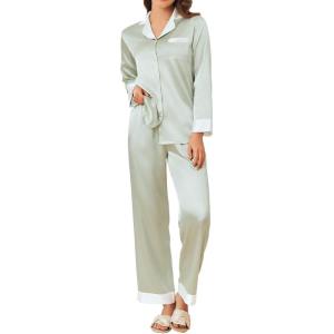 imageEkouaer Silk Pajamas for Women Long Sleeve Satin Pajama Set Striped Leopard Print Pj Sets Button Down Loungewear SleepwearLight Green
