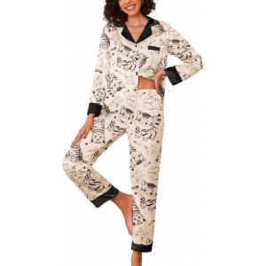 imageEkouaer Silk Pajamas for Women Long Sleeve Satin Pajama Set Striped Leopard Print Pj Sets Button Down Loungewear SleepwearLine Art Cat and Fishbone