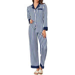 imageEkouaer Silk Pajamas for Women Long Sleeve Satin Pajama Set Striped Leopard Print Pj Sets Button Down Loungewear SleepwearNavy Blue Stripes