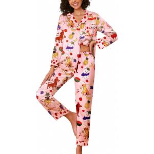 imageEkouaer Silk Pajamas for Women Long Sleeve Satin Pajama Set Striped Leopard Print Pj Sets Button Down Loungewear SleepwearPink Fruit Puppypineapplegrape and Banana