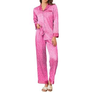 imageEkouaer Silk Pajamas for Women Long Sleeve Satin Pajama Set Striped Leopard Print Pj Sets Button Down Loungewear SleepwearPink Leopard