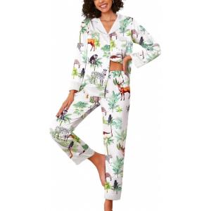 imageEkouaer Silk Pajamas for Women Long Sleeve Satin Pajama Set Striped Leopard Print Pj Sets Button Down Loungewear SleepwearSafari Animalzebraelk and Elephant