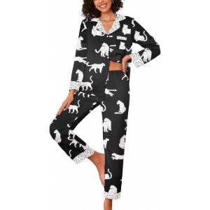 imageEkouaer Silk Pajamas for Women Long Sleeve Satin Pajama Set Striped Leopard Print Pj Sets Button Down Loungewear SleepwearSnow Cheetah Leopard