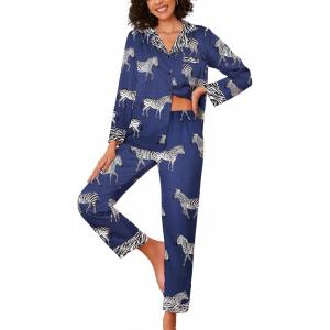 imageEkouaer Silk Pajamas for Women Long Sleeve Satin Pajama Set Striped Leopard Print Pj Sets Button Down Loungewear SleepwearZebra Print