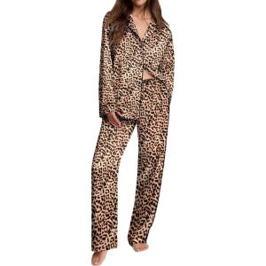 imageEkouaer Womens Pajama Sets Satin Silk Pjs Classic Button Down Sleepwear Soft Long Sleeve Lounge SetsBrown Leopard