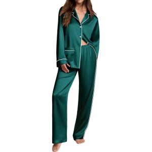 imageEkouaer Womens Pajama Sets Satin Silk Pjs Classic Button Down Sleepwear Soft Long Sleeve Lounge SetsDeep Green