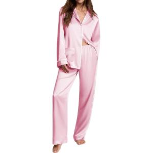 imageEkouaer Womens Pajama Sets Satin Silk Pjs Classic Button Down Sleepwear Soft Long Sleeve Lounge SetsPink