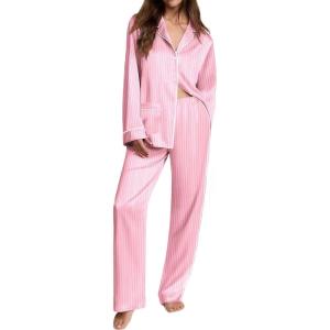 imageEkouaer Womens Pajama Sets Satin Silk Pjs Classic Button Down Sleepwear Soft Long Sleeve Lounge SetsPink Striped