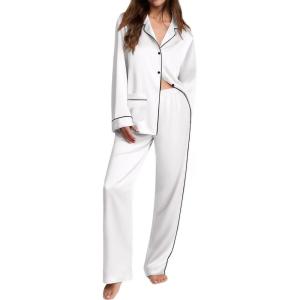 imageEkouaer Womens Pajama Sets Satin Silk Pjs Classic Button Down Sleepwear Soft Long Sleeve Lounge SetsWhite
