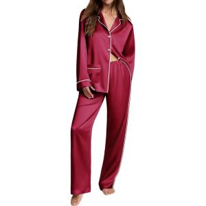 imageEkouaer Womens Pajama Sets Satin Silk Pjs Classic Button Down Sleepwear Soft Long Sleeve Lounge SetsWine Red