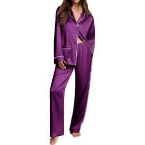 imageEkouaer Womens Pajama Sets Satin Silk Pjs Classic Button Down Sleepwear Soft Long Sleeve Lounge SetsWineberry