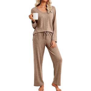 imageEkouaer Pajamas for Women Set Long Sleeve 2 Piece Lounge Sets V Neck Matching Pjs Soft Sleepwear Fall Winter SXXLBrown
