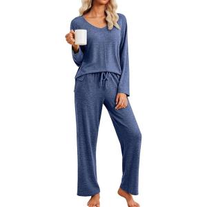 imageEkouaer Pajamas for Women Set Long Sleeve 2 Piece Lounge Sets V Neck Matching Pjs Soft Sleepwear Fall Winter SXXLDark Navy