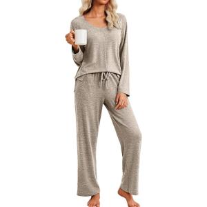 imageEkouaer Pajamas for Women Set Long Sleeve 2 Piece Lounge Sets V Neck Matching Pjs Soft Sleepwear Fall Winter SXXLKhaki