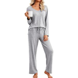 imageEkouaer Pajamas for Women Set Long Sleeve 2 Piece Lounge Sets V Neck Matching Pjs Soft Sleepwear Fall Winter SXXLLight Grey