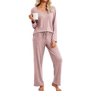imageEkouaer Pajamas for Women Set Long Sleeve 2 Piece Lounge Sets V Neck Matching Pjs Soft Sleepwear Fall Winter SXXLPink