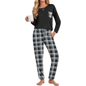 imageEkouaer Womens Pajamas Set Long Sleeve Christmas PJ Sets Soft Lounge Set for Women Sleepwear Joggers with PocketsBlack and Dark Gray Plaid