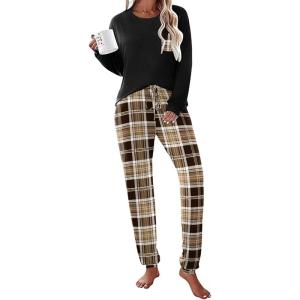 imageEkouaer Womens Pajamas Set Long Sleeve Christmas PJ Sets Soft Lounge Set for Women Sleepwear Joggers with PocketsBrown Plaid