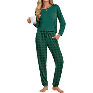 imageEkouaer Womens Pajamas Set Long Sleeve Christmas PJ Sets Soft Lounge Set for Women Sleepwear Joggers with PocketsDark Green Plaid