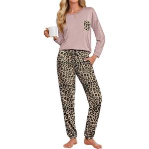 imageEkouaer Womens Pajamas Set Long Sleeve Christmas PJ Sets Soft Lounge Set for Women Sleepwear Joggers with PocketsDark Pink  Leopard